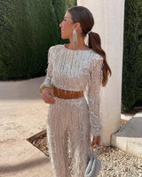 Elegante tweedelig set met top met lange mouwen en stijlvolle broek