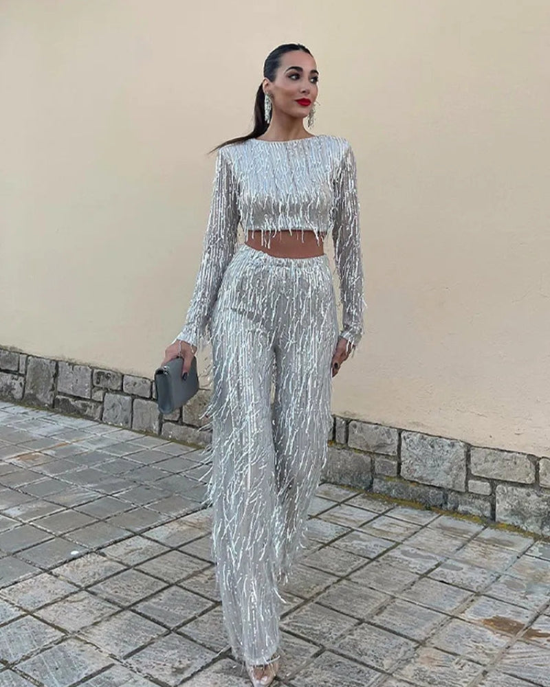 Elegante tweedelig set met top met lange mouwen en stijlvolle broek