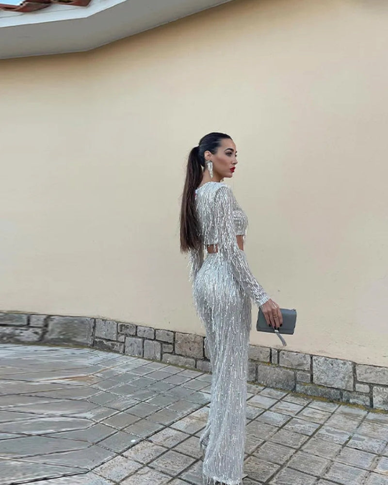 Elegante tweedelig set met top met lange mouwen en stijlvolle broek