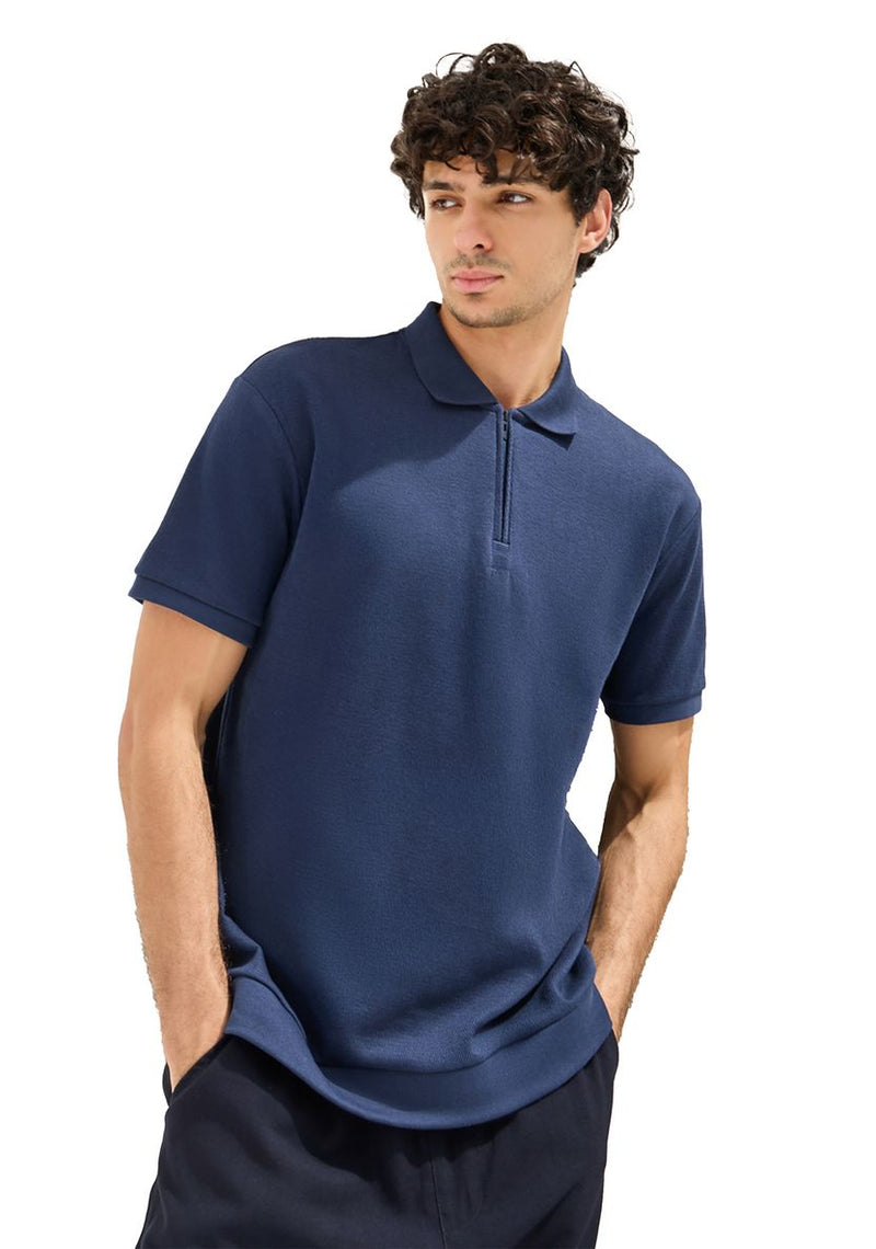 Textured Verborgen Ritssluiting Relaxed Polo T-Shirt
