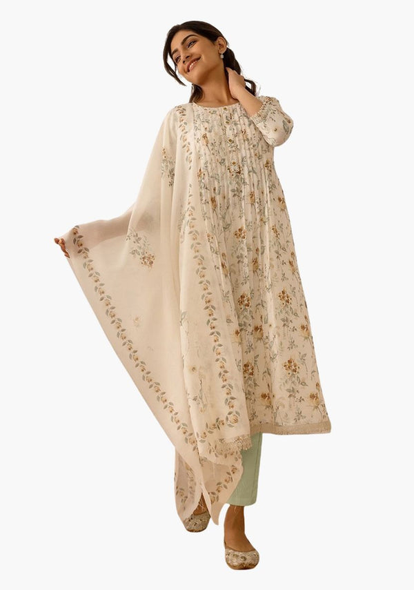 A-lijn Kurta Set met Bloemenprint, Broek en Dupatta