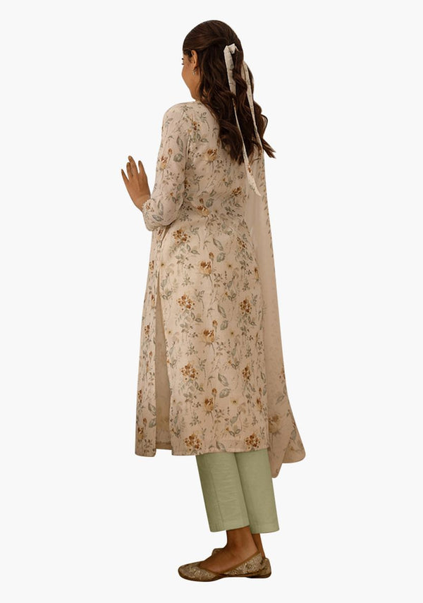 A-lijn Kurta Set met Bloemenprint, Broek en Dupatta