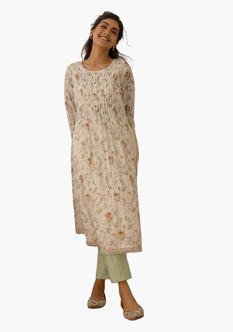 A-lijn Kurta Set met Bloemenprint, Broek en Dupatta