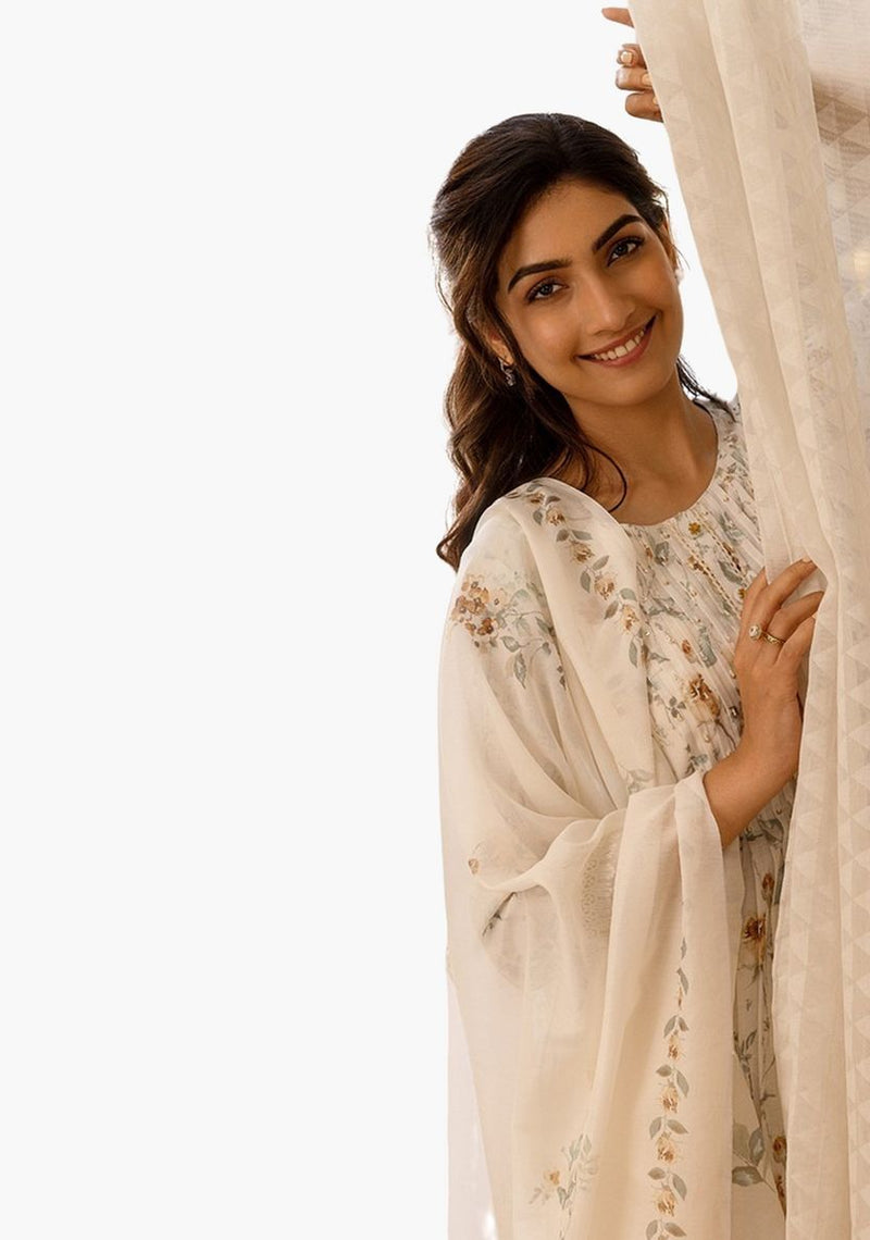 A-lijn Kurta Set met Bloemenprint, Broek en Dupatta