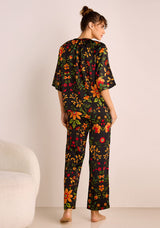 Zwart Satijnen Pyjamaset met Gele Bloemenprint