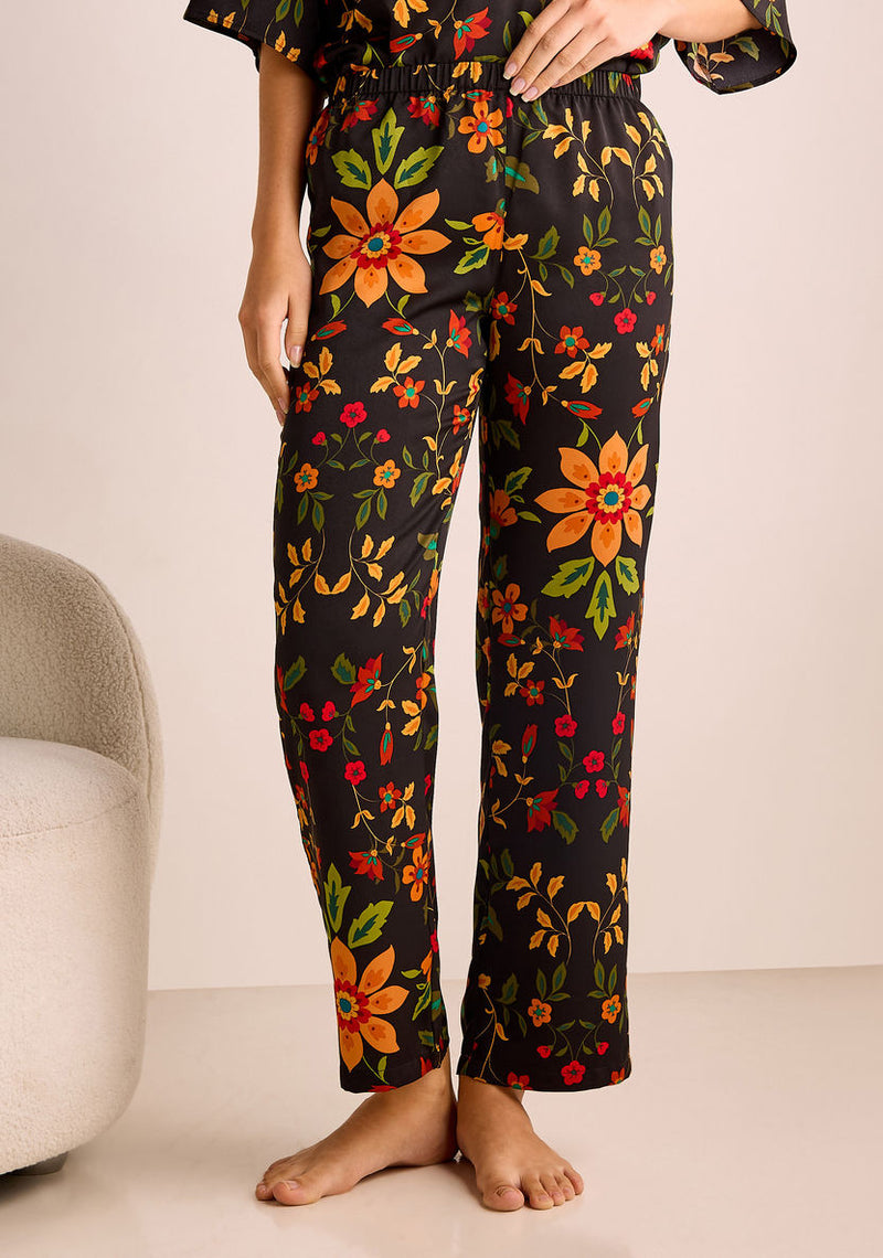 Zwart Satijnen Pyjamaset met Gele Bloemenprint