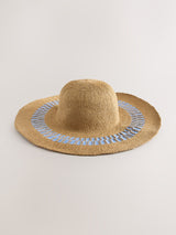 Beige en Blauwe Hoed met Brede Rand