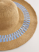 Beige en Blauwe Hoed met Brede Rand