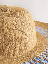 Beige en Blauwe Hoed met Brede Rand