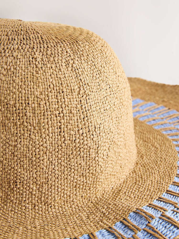 Beige en Blauwe Hoed met Brede Rand