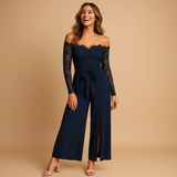 Elegante off-shoulder jumpsuit met ceintuur in de taille en relaxte pasvorm