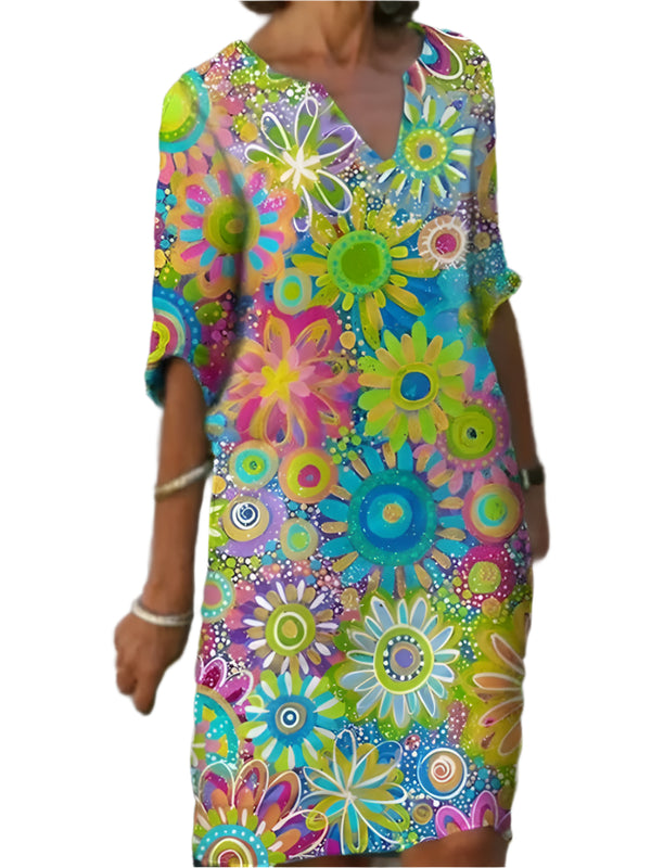 Bloemenprint V-Hals Midi Jurk