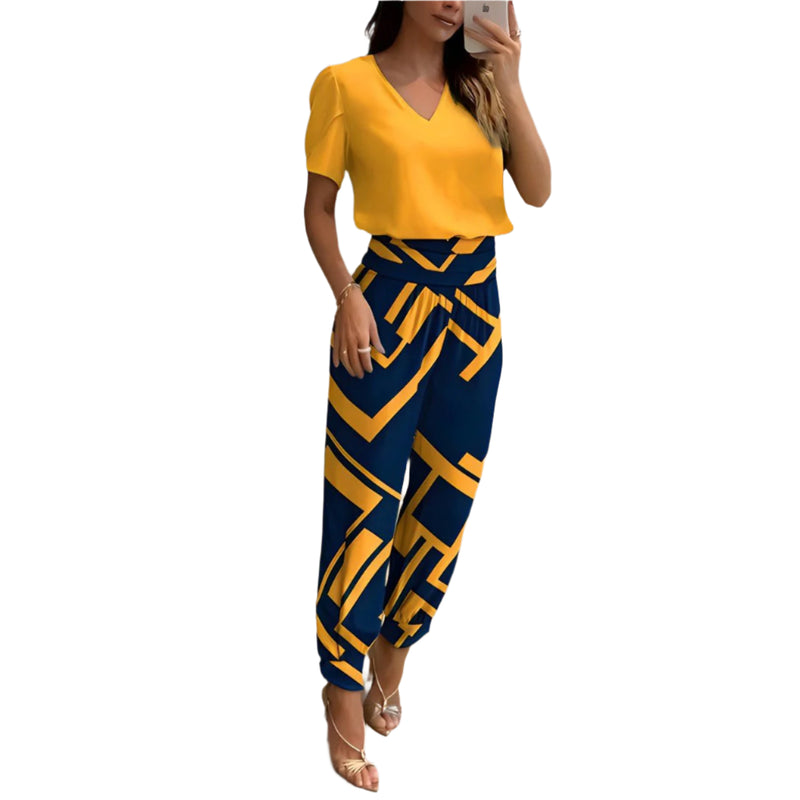 Tweedelige set met pofmouwen blouse en broek met elastische taille