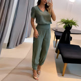 Tweedelige set met pofmouwen blouse en broek met elastische taille