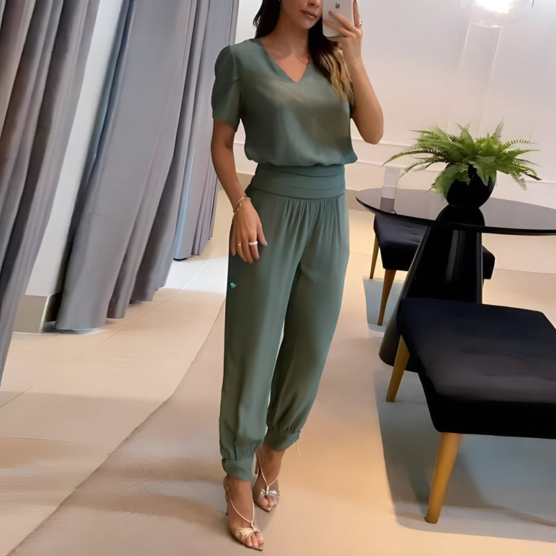Tweedelige set met pofmouwen blouse en broek met elastische taille