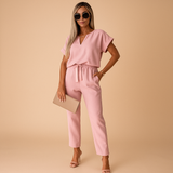 Modren Jumpsuit met hoge tailleband en korte mouwen