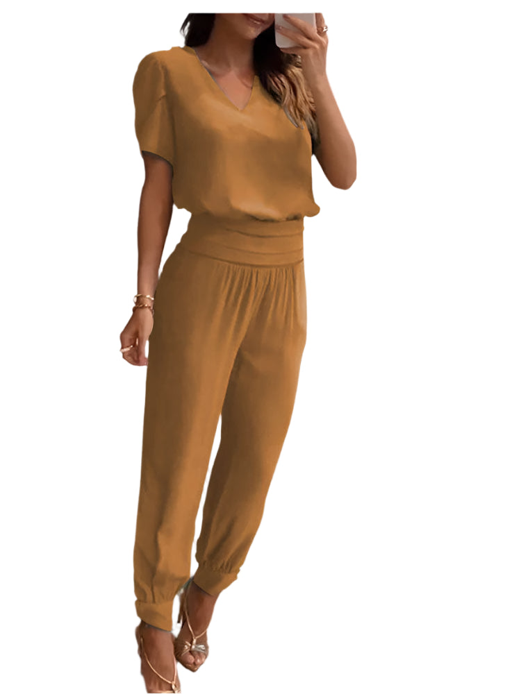 Tweedelige set met pofmouwen blouse en broek met elastische taille
