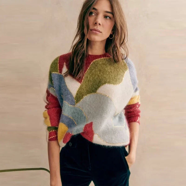 Patchwork trui met ronde hals en kleuraccenten