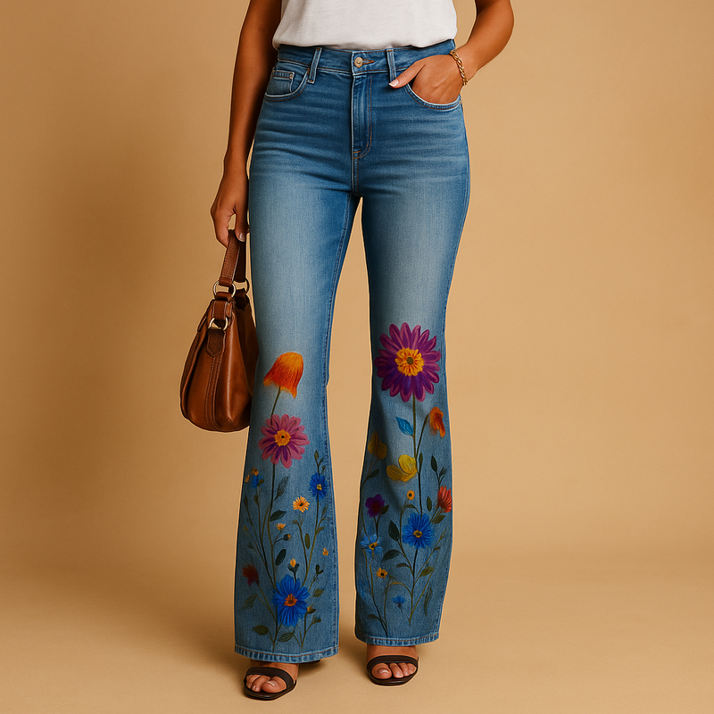 Flared jeans met bloemenprint en functionele zijzakken