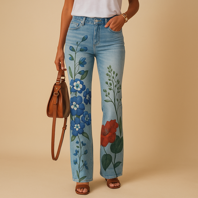 Flared jeans met bloemenprint en functionele zijzakken