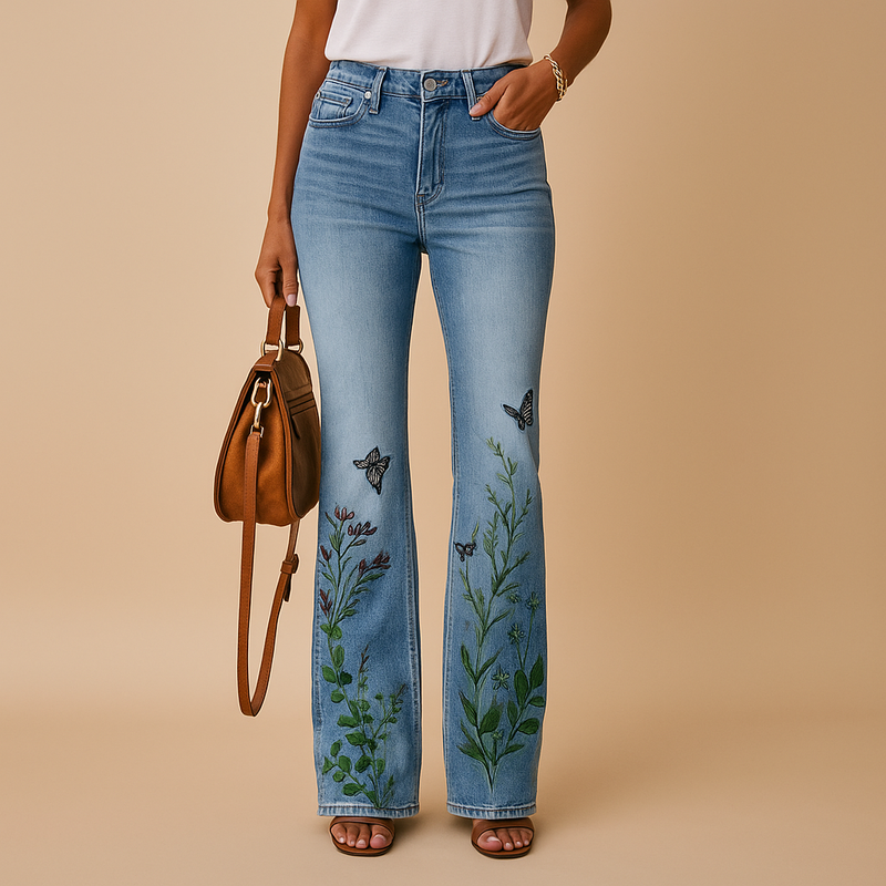 Flared jeans met bloemenprint en functionele zijzakken