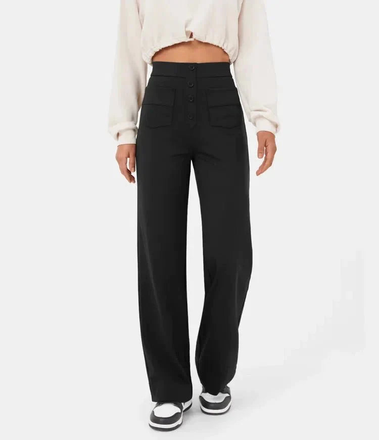 Elastische casual broek met hoge taille en rechte pijpen