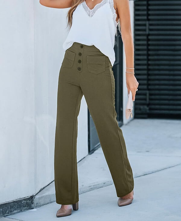Elastische casual broek met hoge taille en rechte pijpen