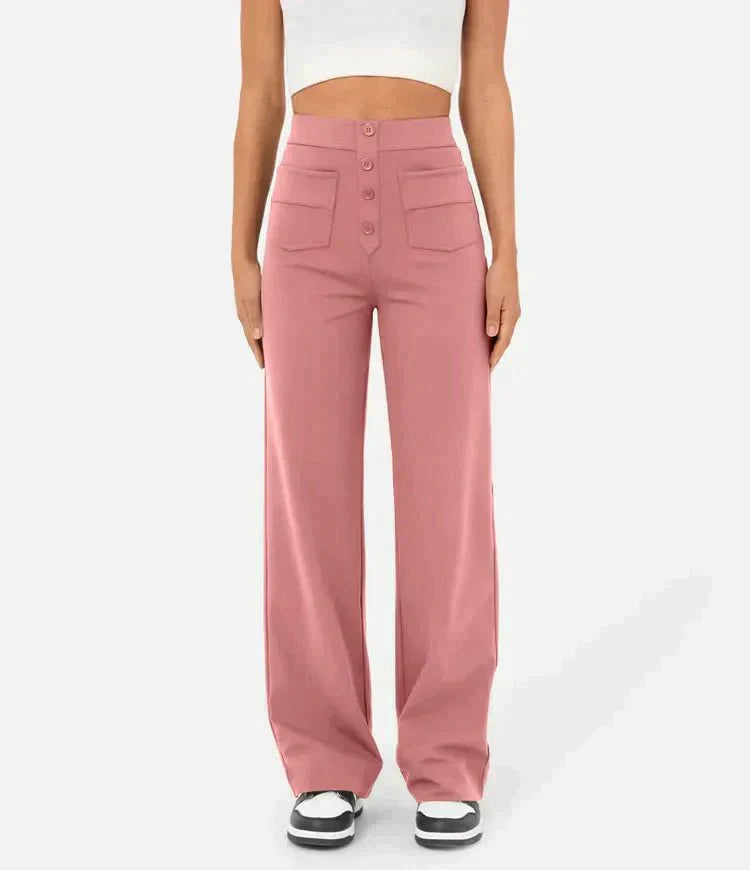 Elastische casual broek met hoge taille en rechte pijpen