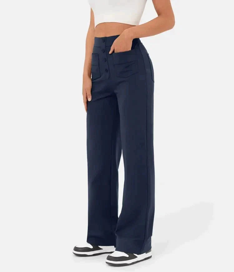 Elastische casual broek met hoge taille en rechte pijpen