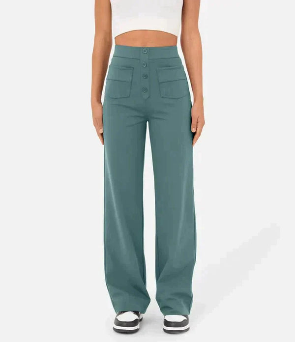 Elastische casual broek met hoge taille en rechte pijpen
