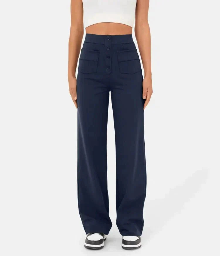 Elastische casual broek met hoge taille en rechte pijpen
