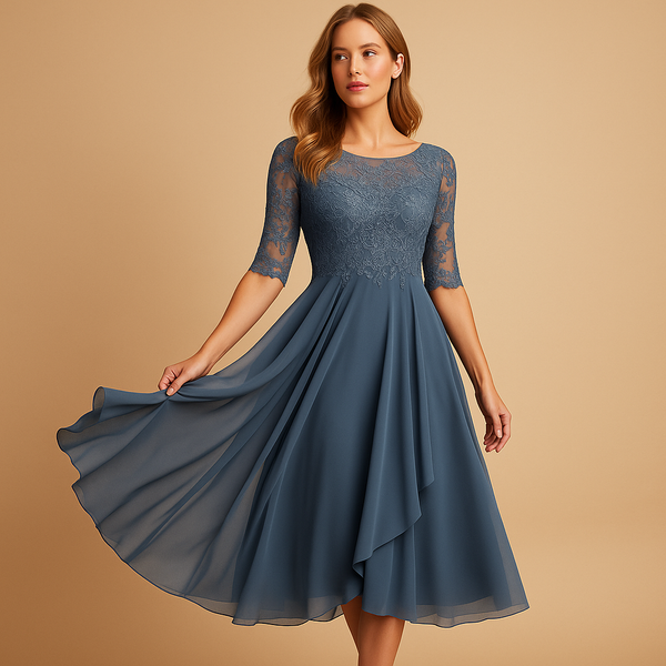 Flowy midi jurk met korte mouwen en hoge tailleband