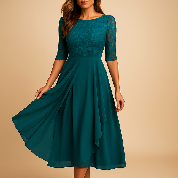 Flowy midi jurk met korte mouwen en hoge tailleband