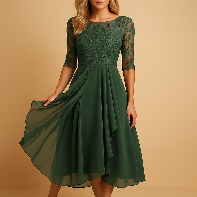 Flowy midi jurk met korte mouwen en hoge tailleband