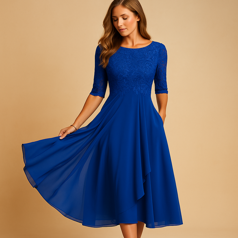 Flowy midi jurk met korte mouwen en hoge tailleband