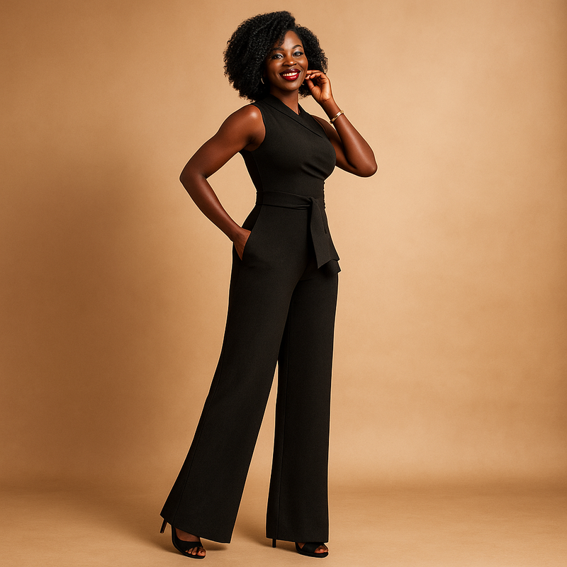 Moderne jumpsuit met één schouder, wijde pijpen en tailleband