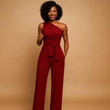 Moderne jumpsuit met één schouder, wijde pijpen en tailleband