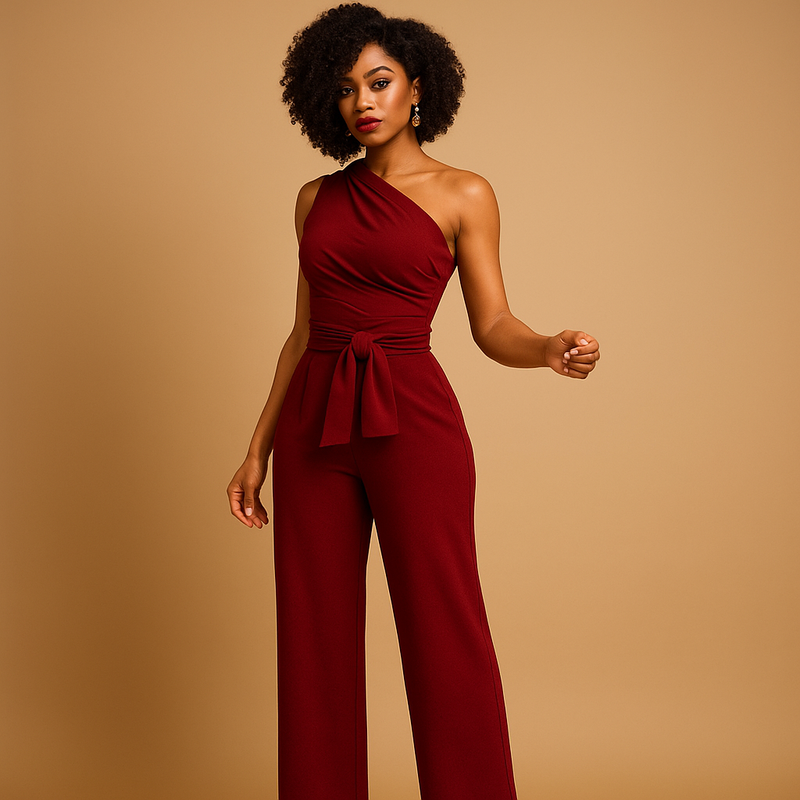 Moderne jumpsuit met één schouder, wijde pijpen en tailleband