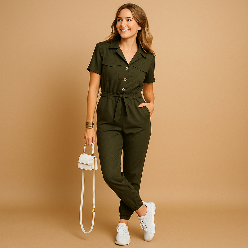 Getailleerde V-hals jumpsuit met knopen aan de voorkant en zijzakken